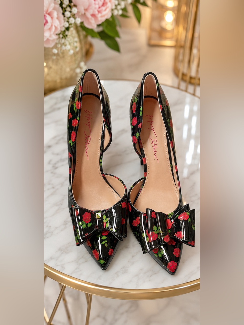 New (Open Box) Betsey Johnson Black Patent Floral Bow Stilleto 3.5 inches Heels